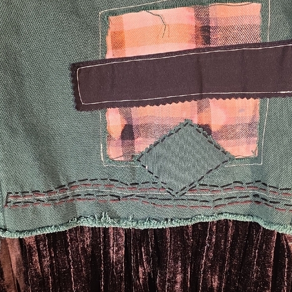 Upcycled We The Free Green Patchwork Skirt with Velvet Hem Size 10/12 - Picture 4 of 16